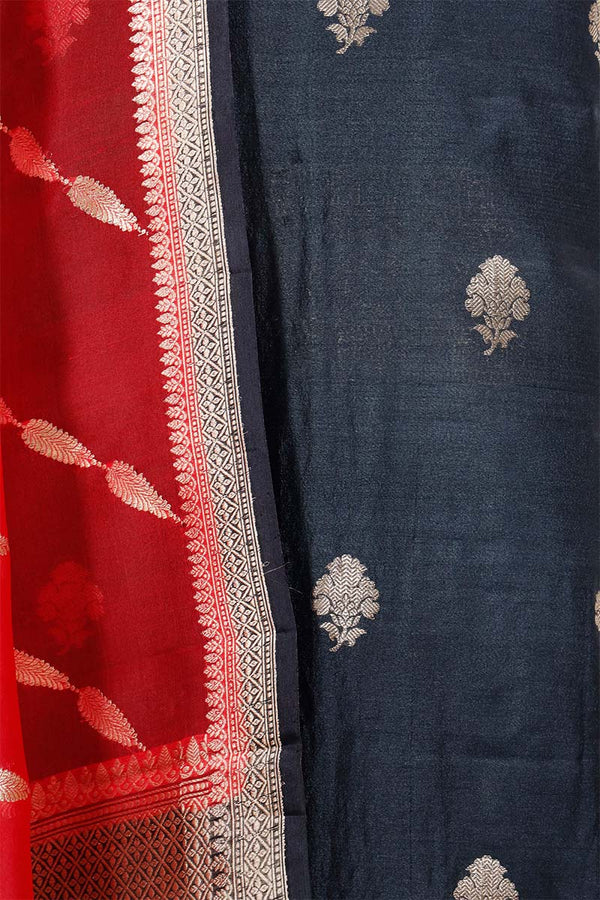 Black  Handloom Tussar Silk Salwar Suit with Organza Dupatta