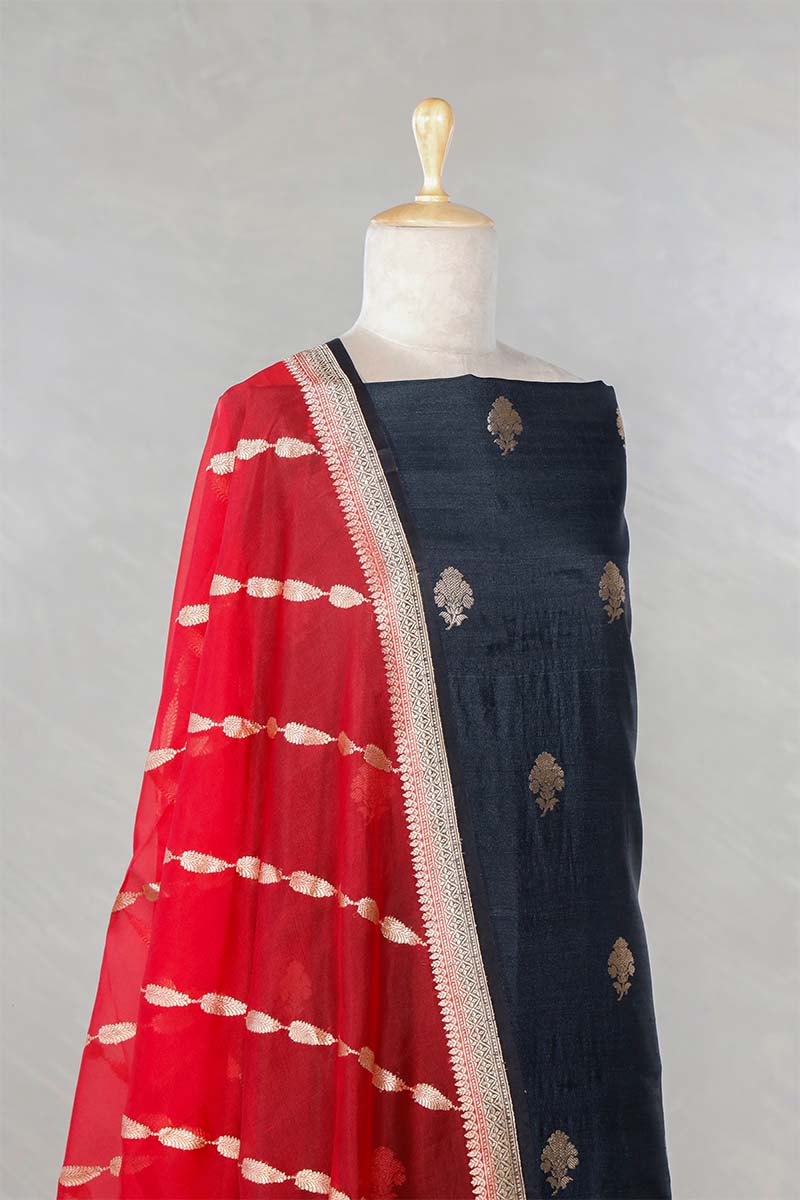 Black  Handloom Tussar Silk Salwar Suit with Organza Dupatta