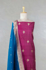 Wine Handloom Tussar Silk Salwar Suit with Organza Dupatta