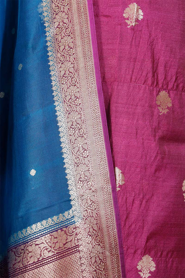 Wine Handloom Tussar Silk Salwar Suit with Organza Dupatta