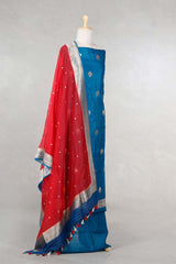 Blue Handloom Tussar Silk Salwar Suit with Organza Dupatta