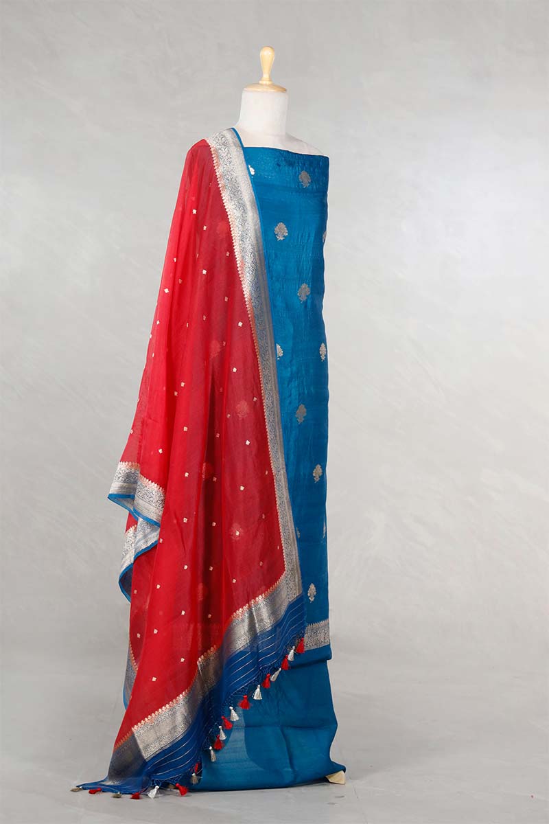 Blue Handloom Tussar Silk Salwar Suit with Organza Dupatta