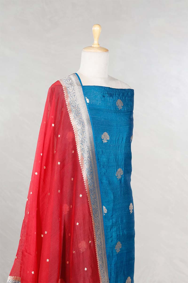 Blue Handloom Tussar Silk Salwar Suit with Organza Dupatta