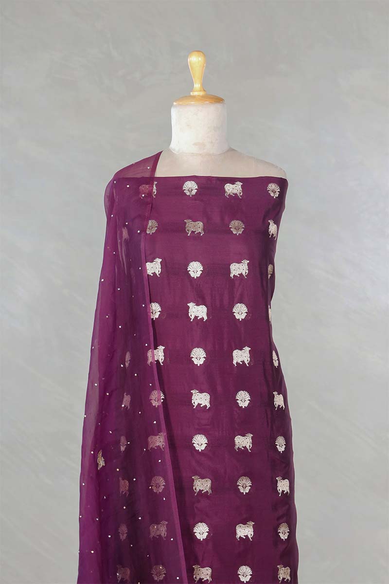 Wine Salwar Suit with Pichwai Organza Dupatta
