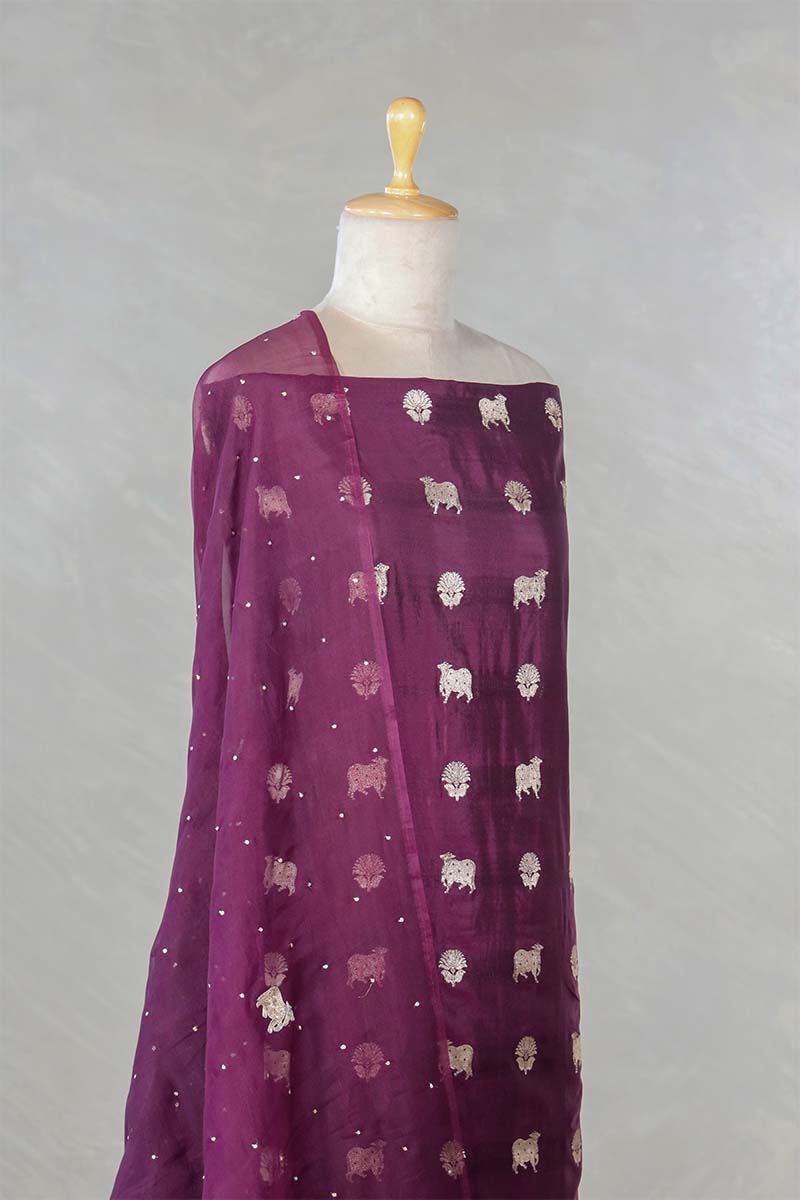 Wine Salwar Suit with Pichwai Organza Dupatta