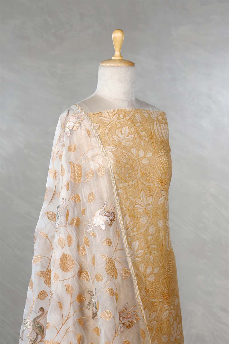 Floral Light Yellow Salwar Suit with Appliqué Organza Dupatta