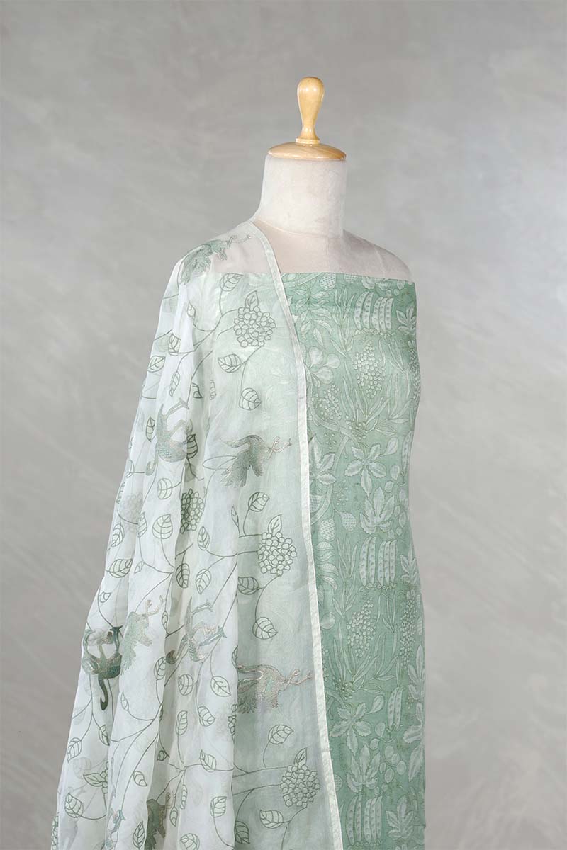 Floral Light Green Salwar Suit with Appliqué Organza Dupatta