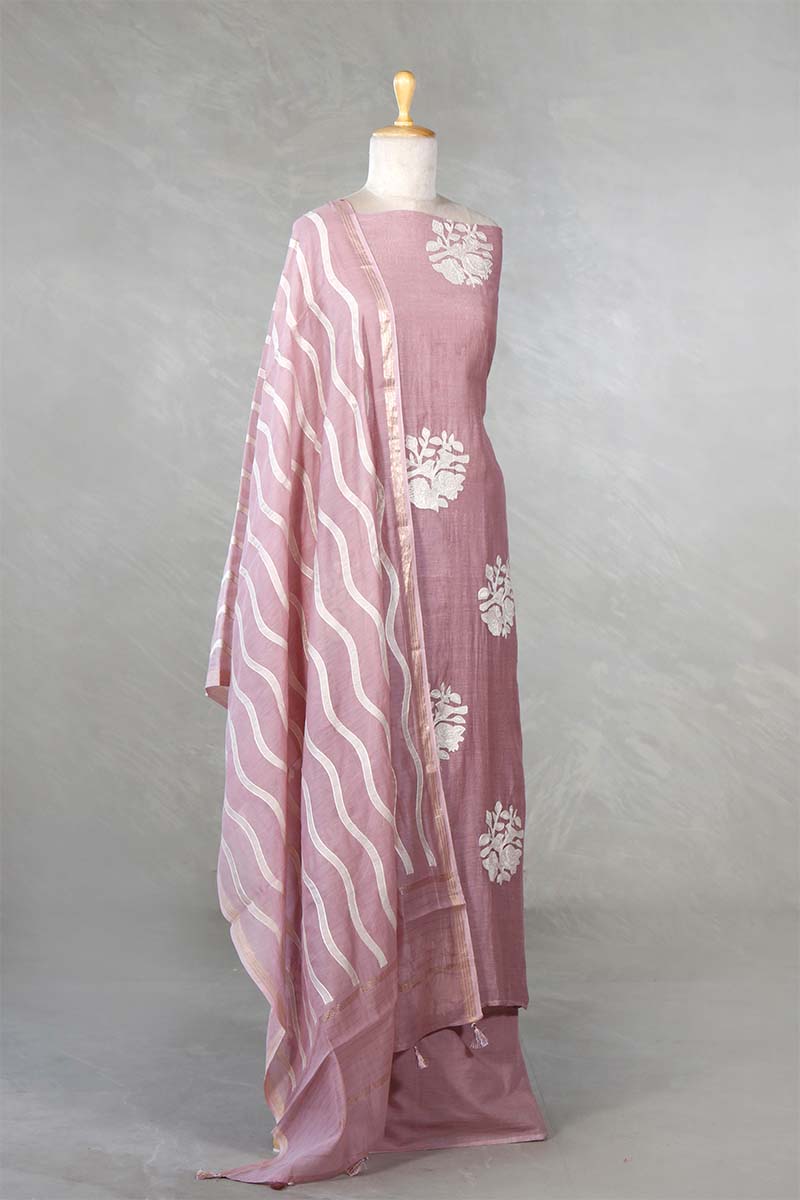 Mauve Mulmul Cotton Salwar Suit with Bird & Floral Appliqué Buta