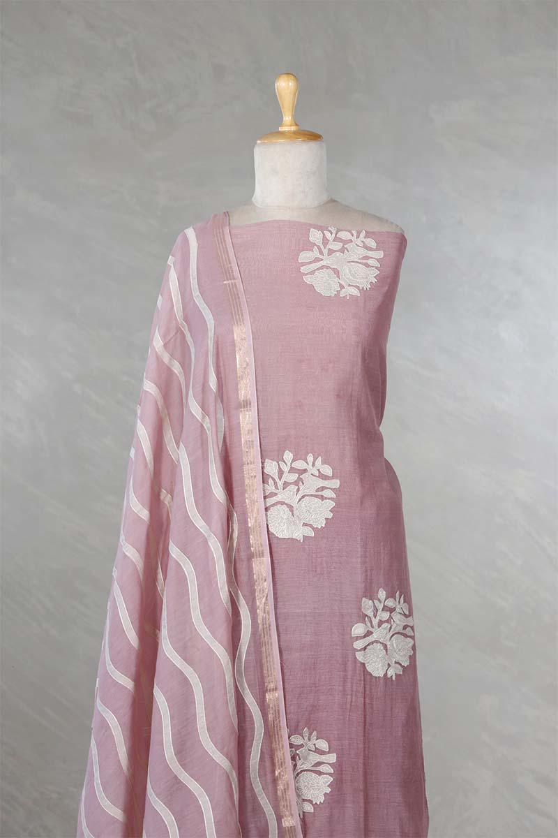 Mauve Mulmul Cotton Salwar Suit with Bird & Floral Appliqué Buta