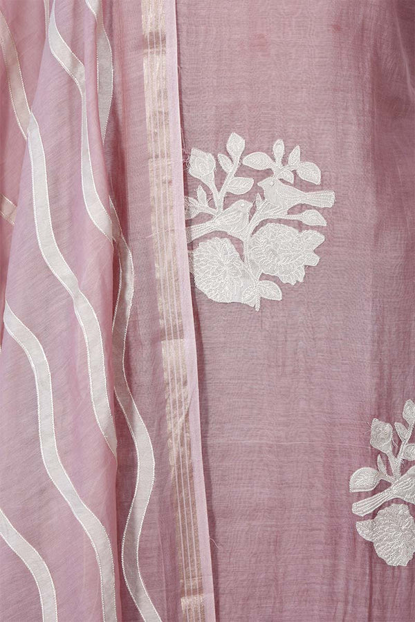 Mauve Mulmul Cotton Salwar Suit with Bird & Floral Appliqué Buta