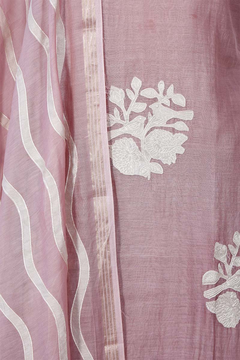 Mauve Mulmul Cotton Salwar Suit with Bird & Floral Appliqué Buta