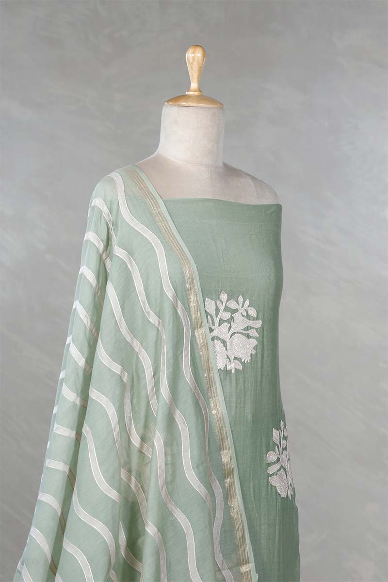 Light Green Mulmul Cotton Salwar Suit with Bird & Floral Appliqué Buta