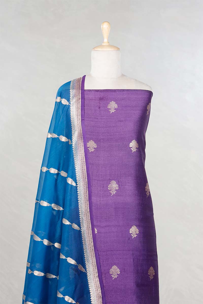 Purple Handloom Tussar Silk Salwar Suit with Organza Dupatta