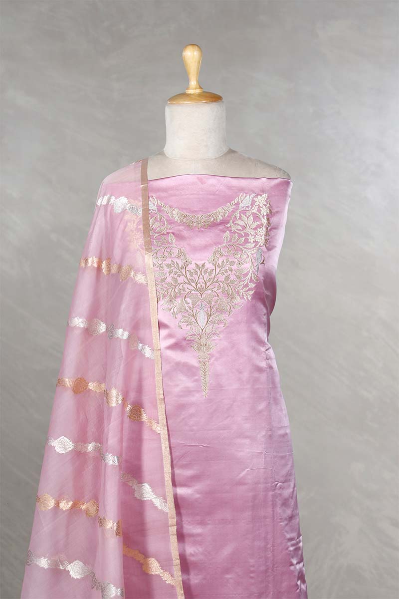 Pink Banarasi Satin Silk Suit Set with Organza Dupatta