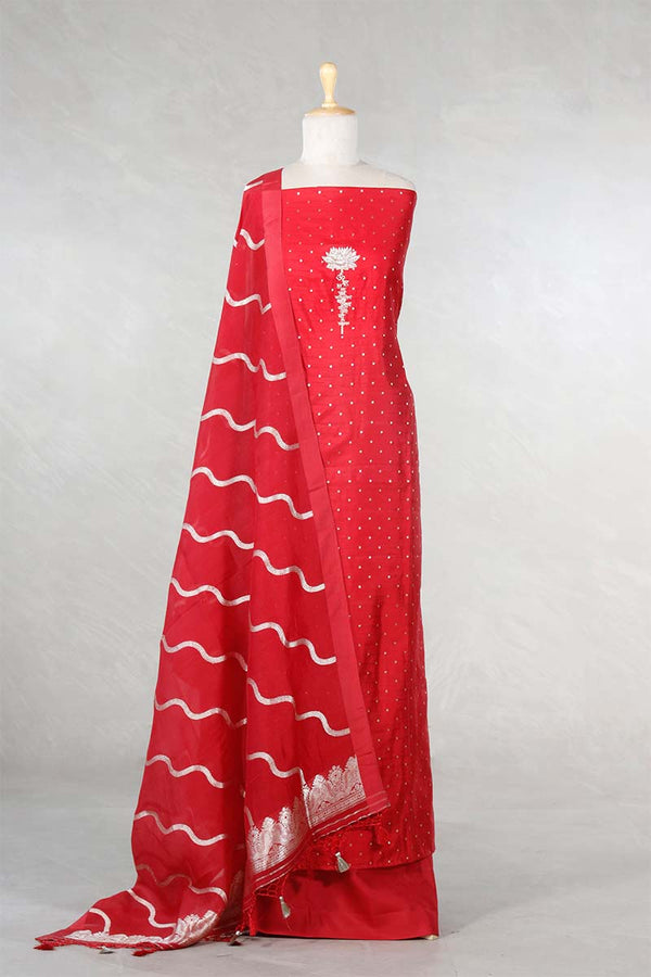 Red Chiniya Silk Salwar Suit with Lotus & Gayatri Mantra Motif