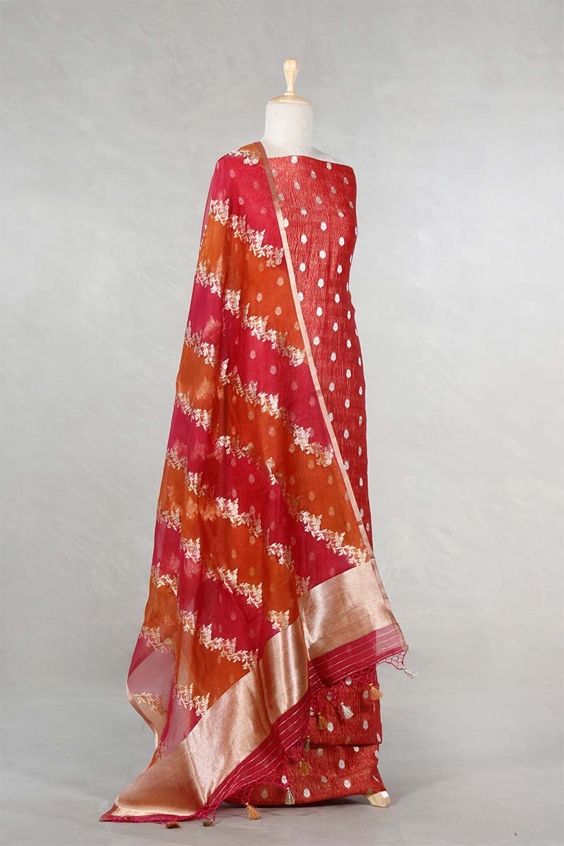 Rust Orange Crushed Tissue Silk Salwar Suit Set with Rangkat Dupatta