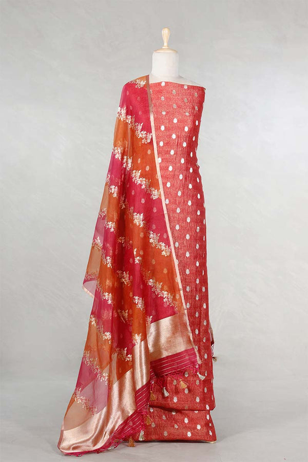 Rust Orange Crushed Tissue Silk Salwar Suit Set with Rangkat Dupatta