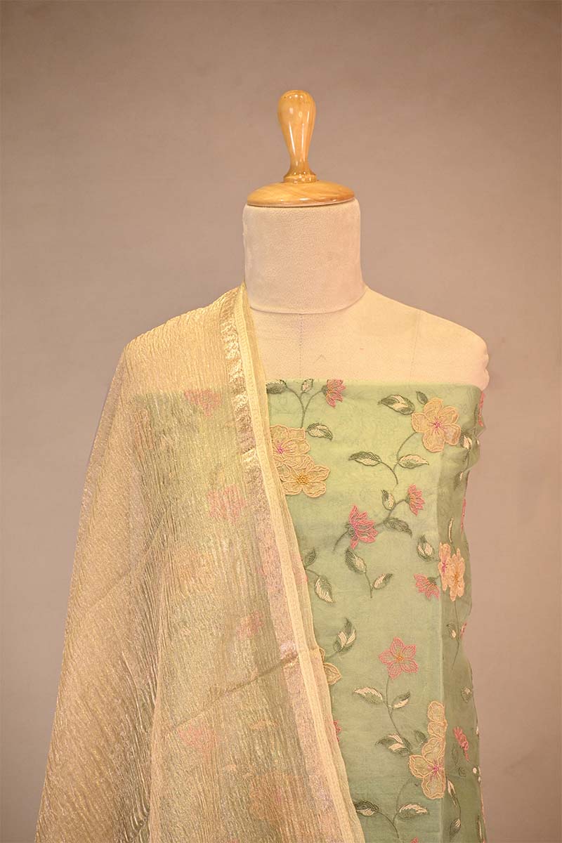 Sage Green Pure Organza Silk Salwar Suit set with Floral Embroidery