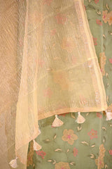 Sage Green Pure Organza Silk Salwar Suit set with Floral Embroidery