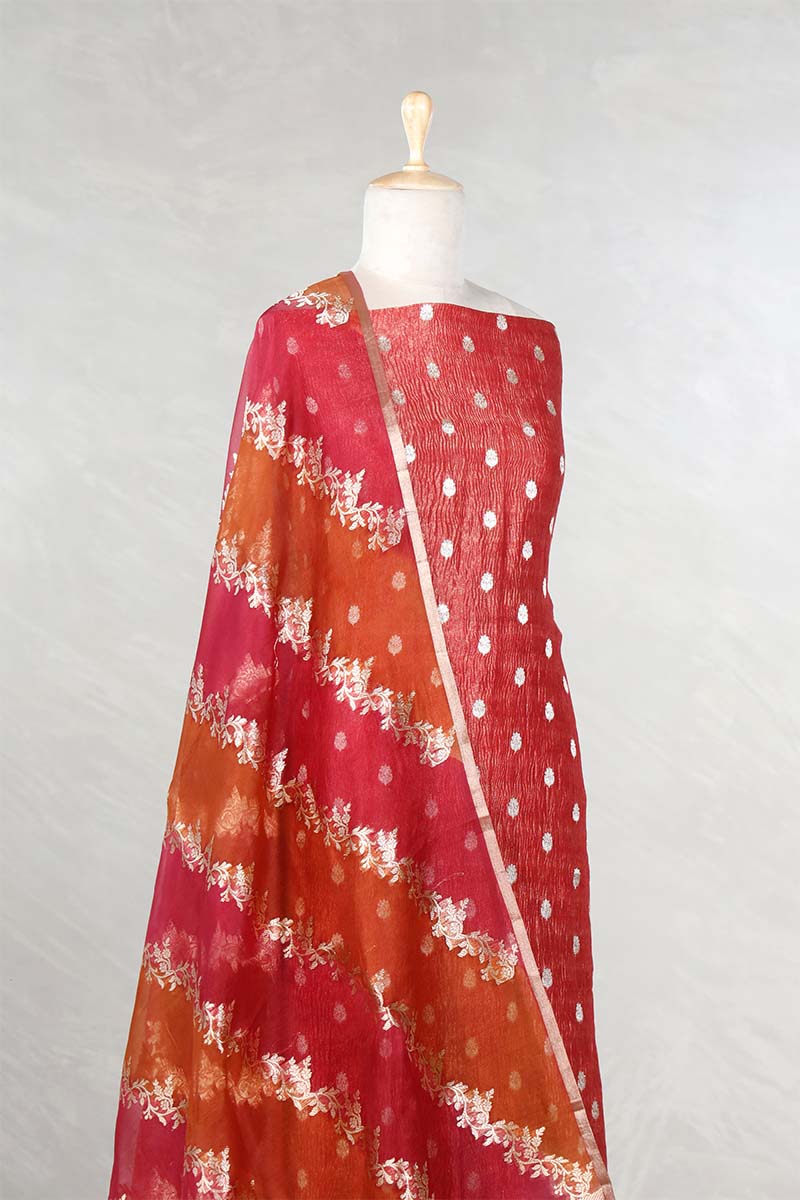 Rust Orange Crushed Tissue Silk Salwar Suit Set with Rangkat Dupatta