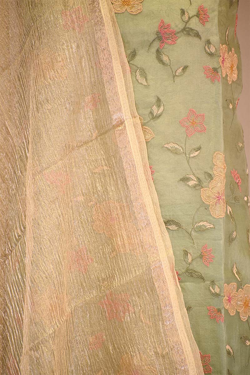Sage Green Pure Organza Silk Salwar Suit set with Floral Embroidery