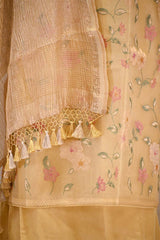 Lime Yellow  Pure Organza Silk Salwar Suit set with Floral Embroidery