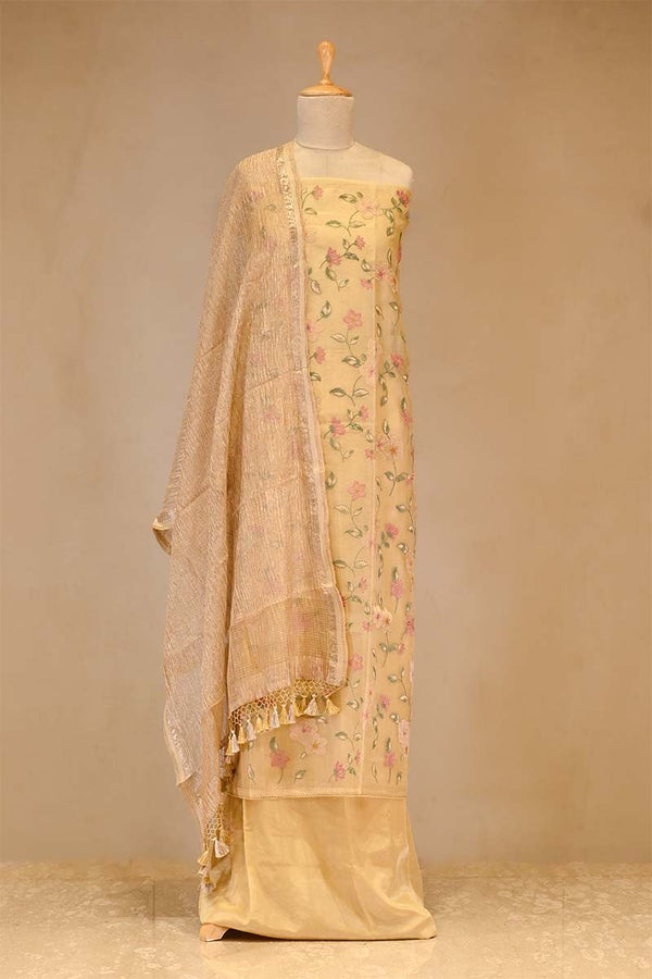 Lime Yellow  Pure Organza Silk Salwar Suit set with Floral Embroidery