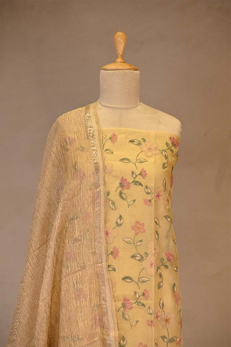 Lime Yellow  Pure Organza Silk Salwar Suit set with Floral Embroidery