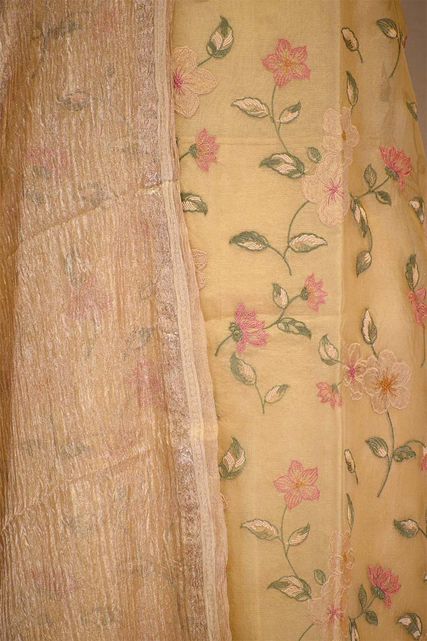 Lime Yellow  Pure Organza Silk Salwar Suit set with Floral Embroidery