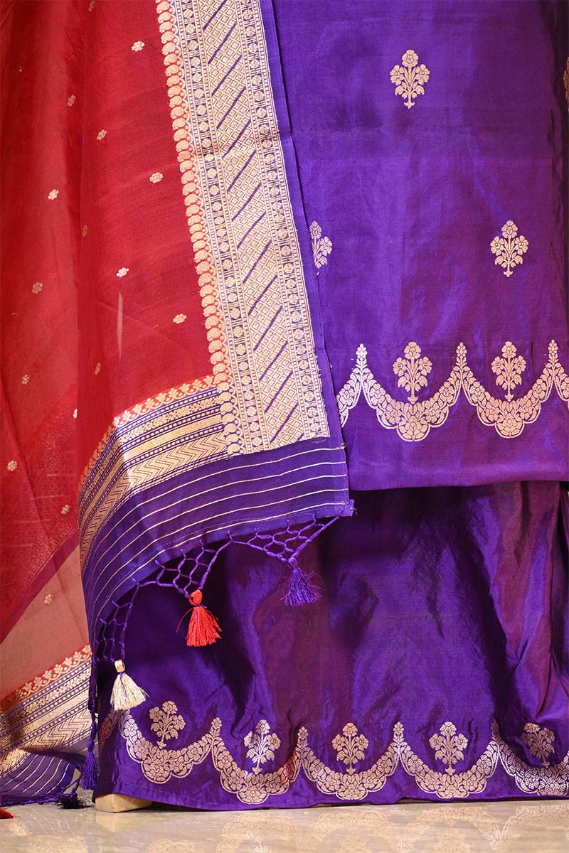 Purple Banarasi Silk Salwar Suit Set with Red Organza Dupatta