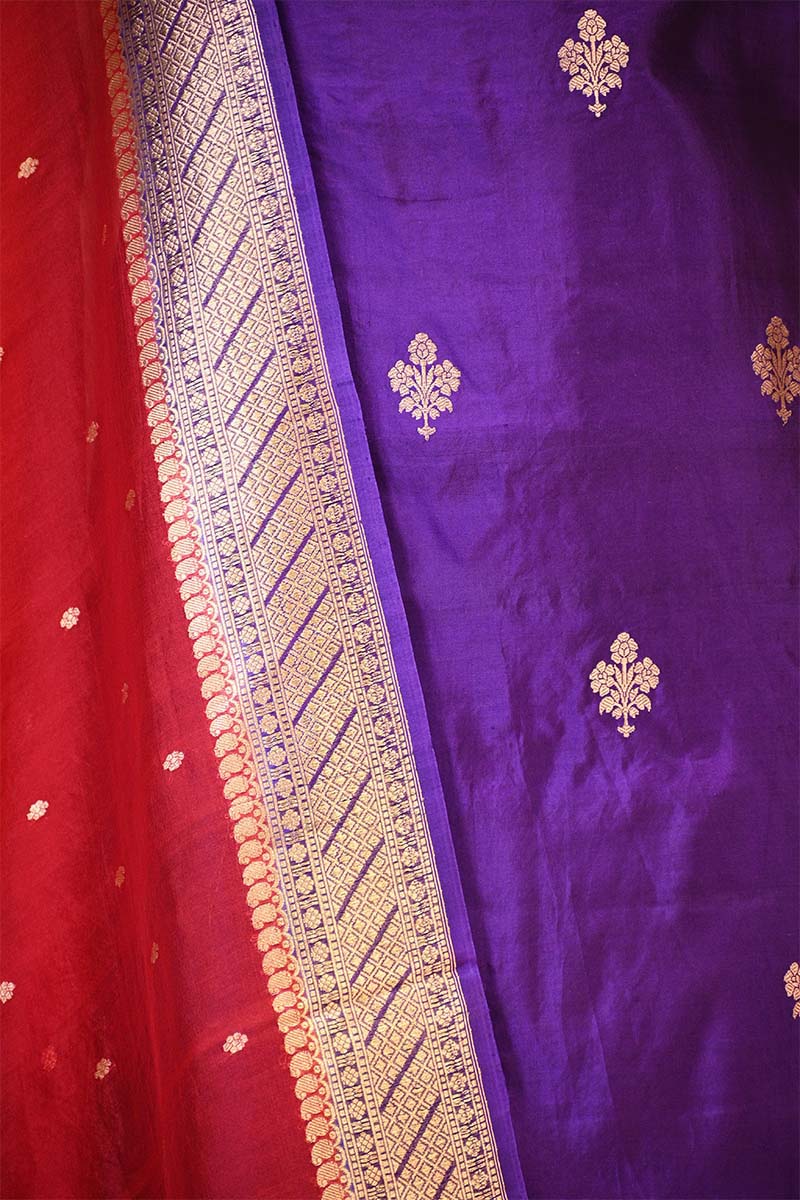 Purple Banarasi Silk Salwar Suit Set with Red Organza Dupatta