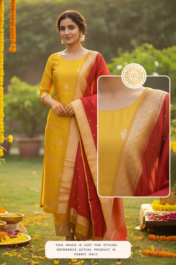 Woman in a yellow and red Banarasi Silk Suit Set with a close-up of the fabric in a Haldi ceremony setting.