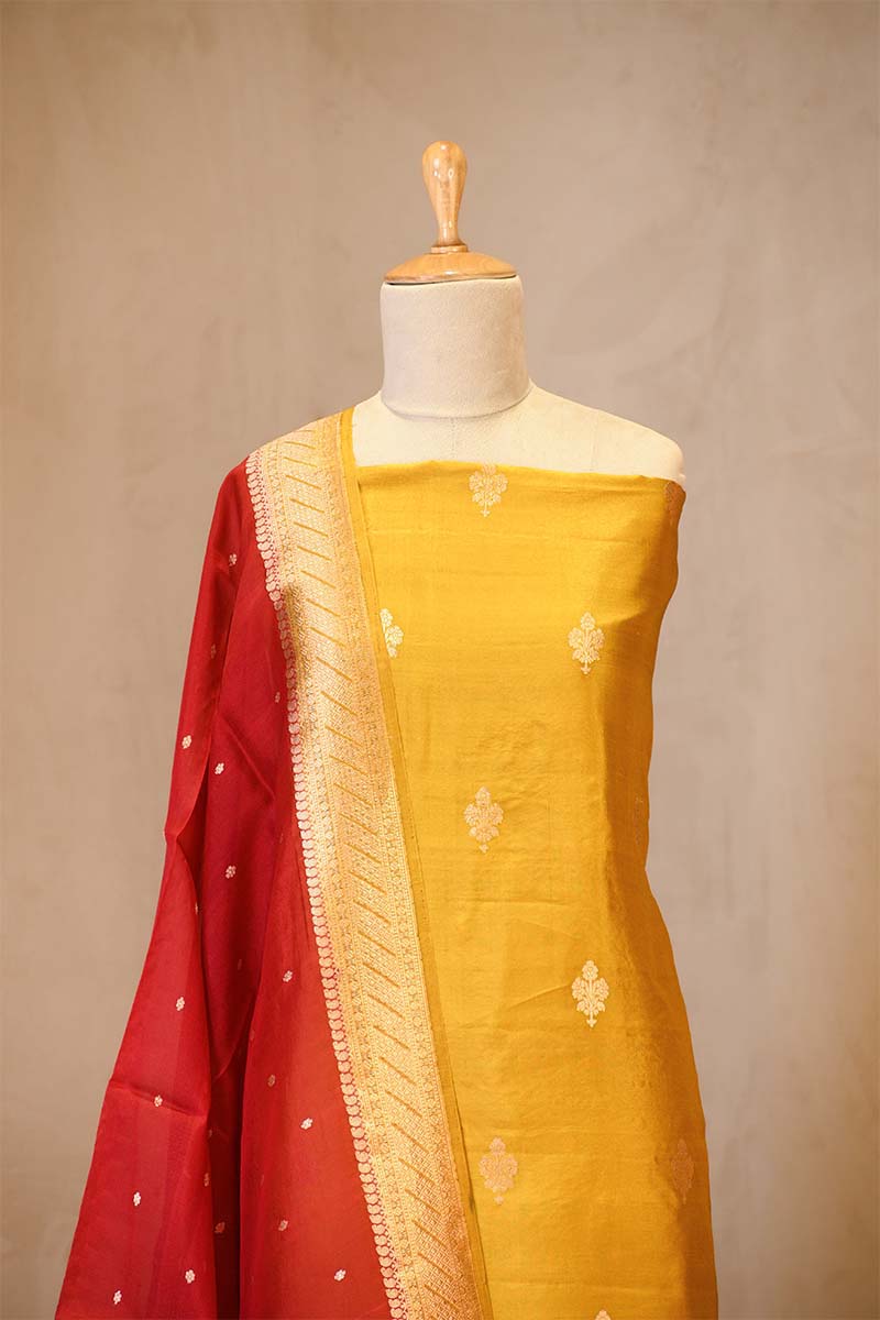 Yellow Banarasi Silk Salwar Suit Set with Red Organza Dupatta