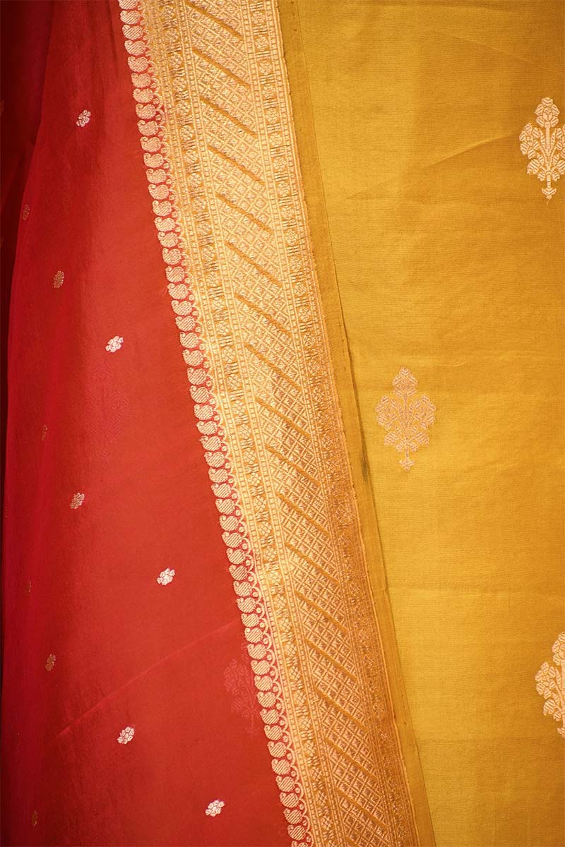 Yellow Banarasi Silk Salwar Suit Set with Red Organza Dupatta