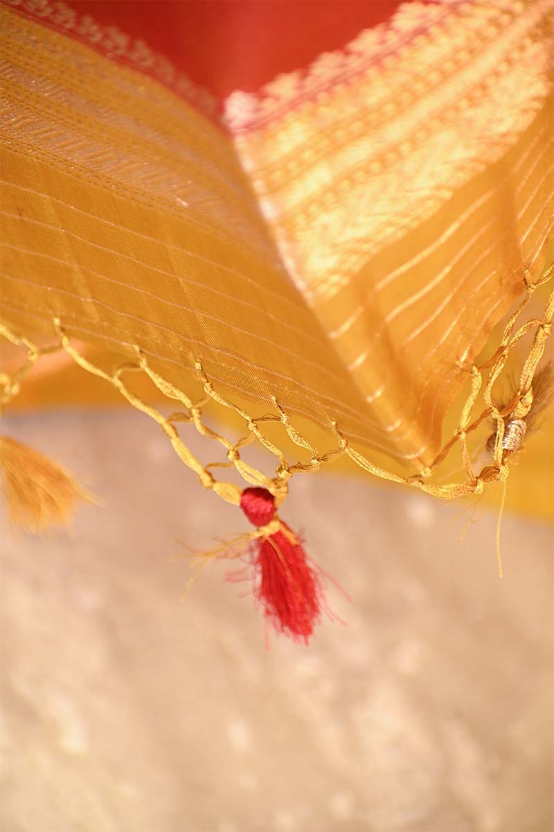 Yellow Banarasi Silk Salwar Suit Set with Red Organza Dupatta