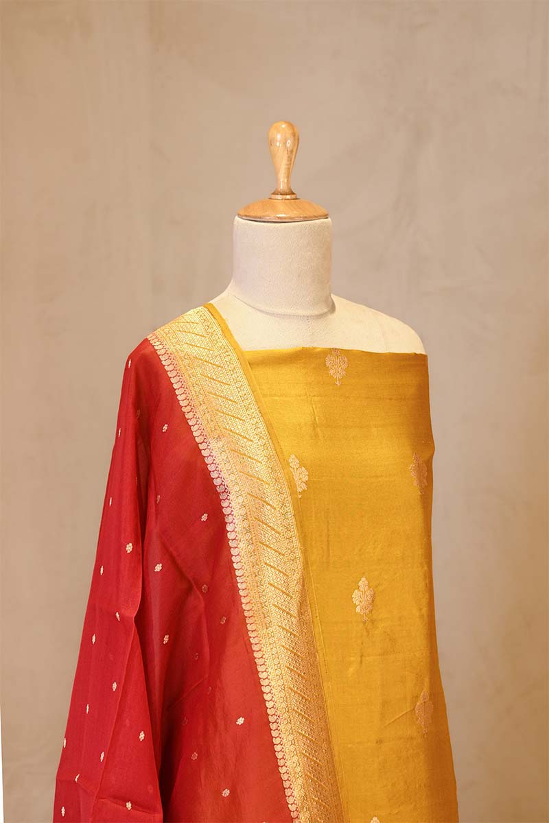 Yellow Banarasi Silk Salwar Suit Set with Red Organza Dupatta