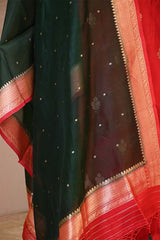 Red Banarasi Silk Salwar Suit Set with Green Organza Dupatta