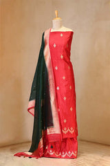 Red Banarasi Silk Salwar Suit Set with Green Organza Dupatta