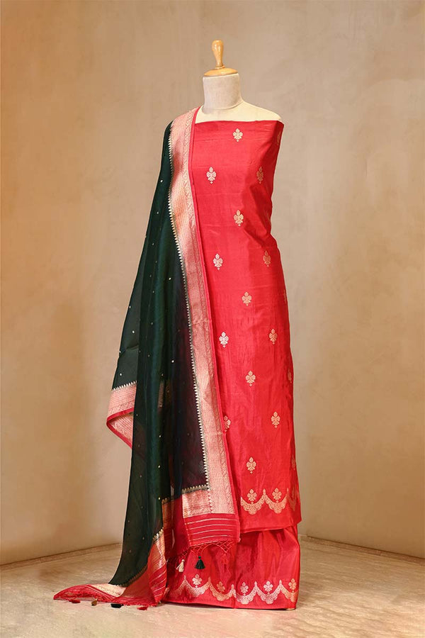 Red Banarasi Silk Salwar Suit Set with Green Organza Dupatta