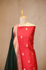 Red Banarasi Silk Salwar Suit Set with Green Organza Dupatta