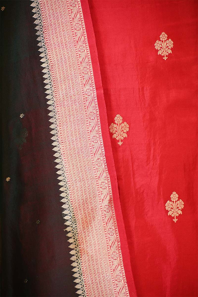 Red Banarasi Silk Salwar Suit Set with Green Organza Dupatta