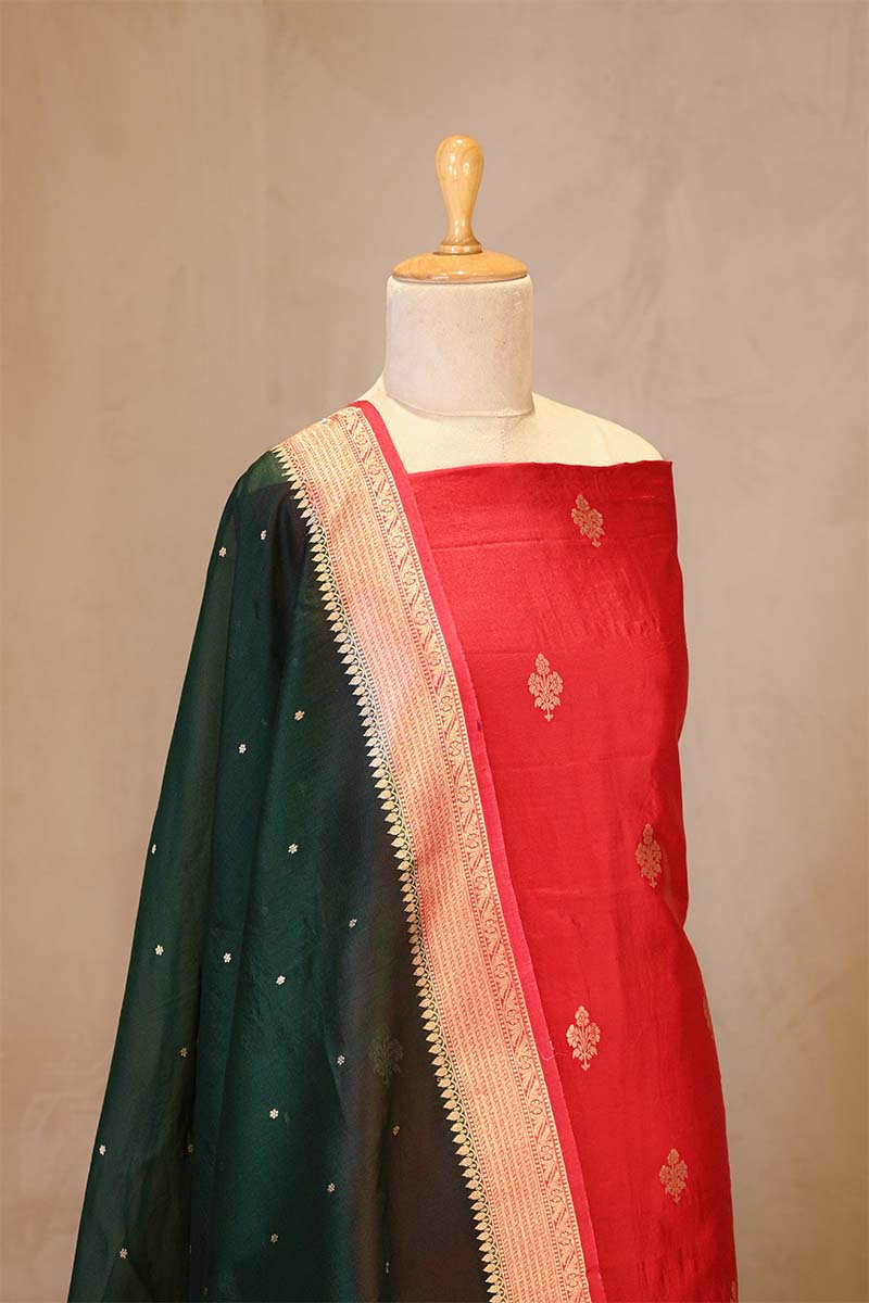Red Banarasi Silk Salwar Suit Set with Green Organza Dupatta