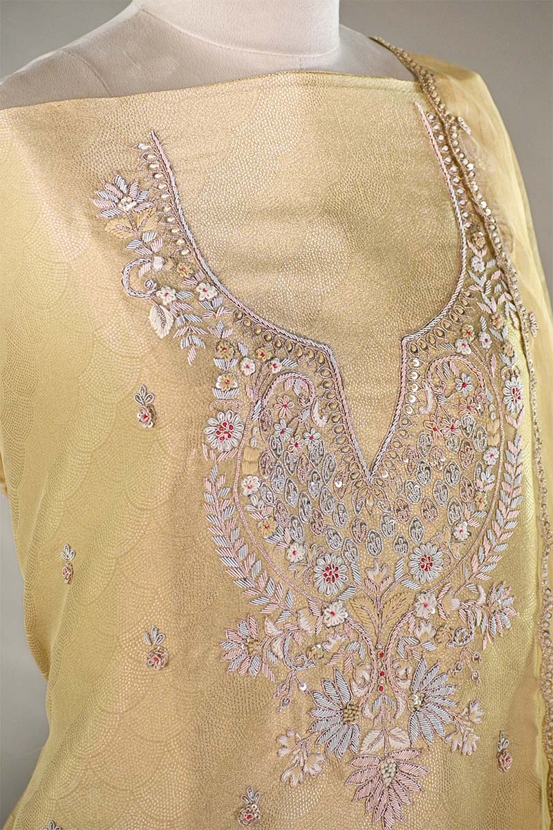 Butter Yellow Tissue Silk Salwar Suit with Floral Hand Embroidery
