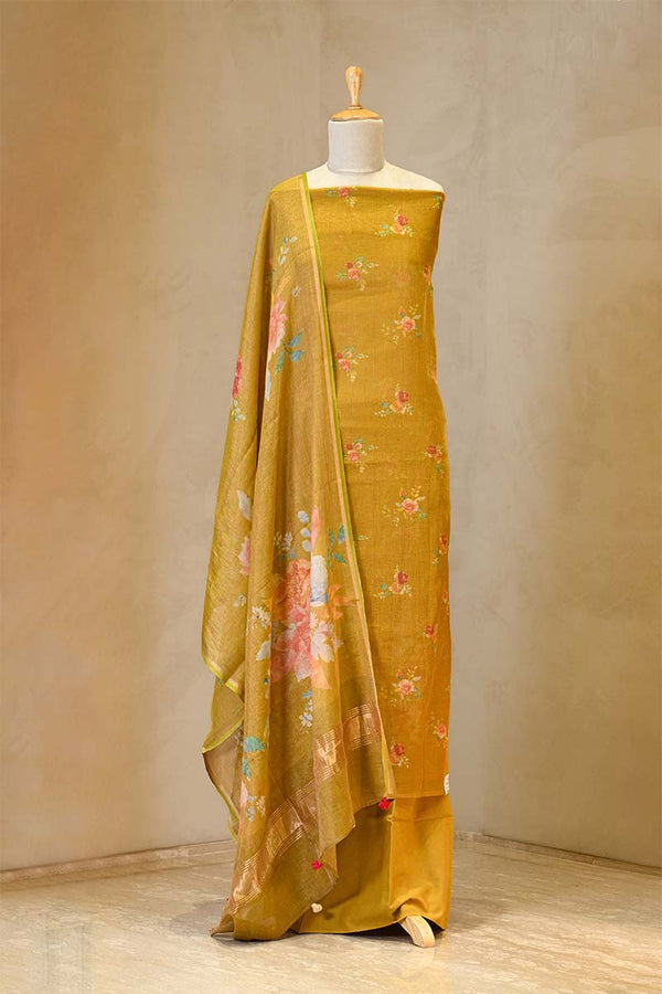 Mustard Yellow Tissue Unstitched Salwar Suit Set with Digital Floral Prints