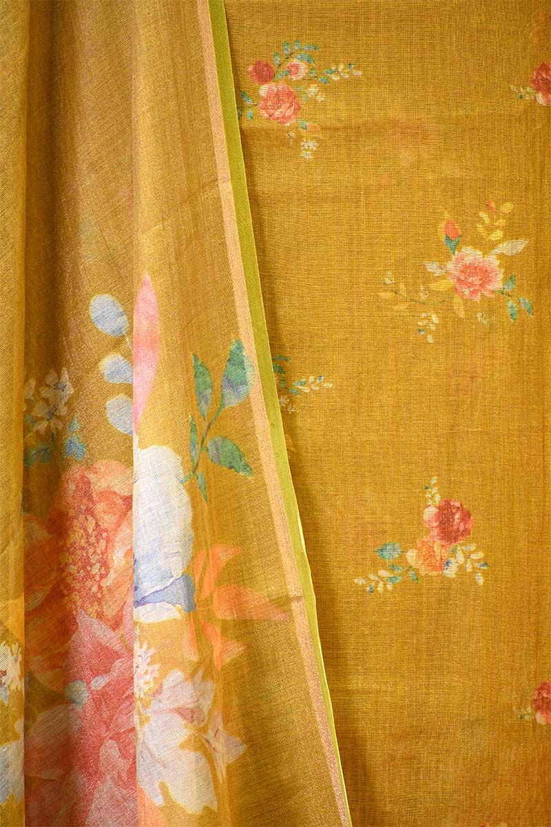 Mustard Yellow Tissue Unstitched Salwar Suit Set with Digital Floral Prints