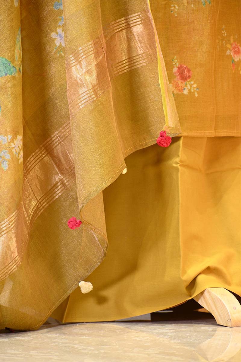 Mustard Yellow Tissue Unstitched Salwar Suit Set with Digital Floral Prints