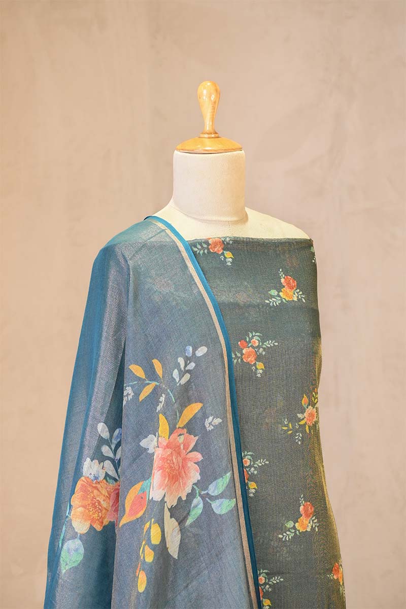 Steel Blue Tissue Unstitched Salwar Suit Set with Digital Floral Prints