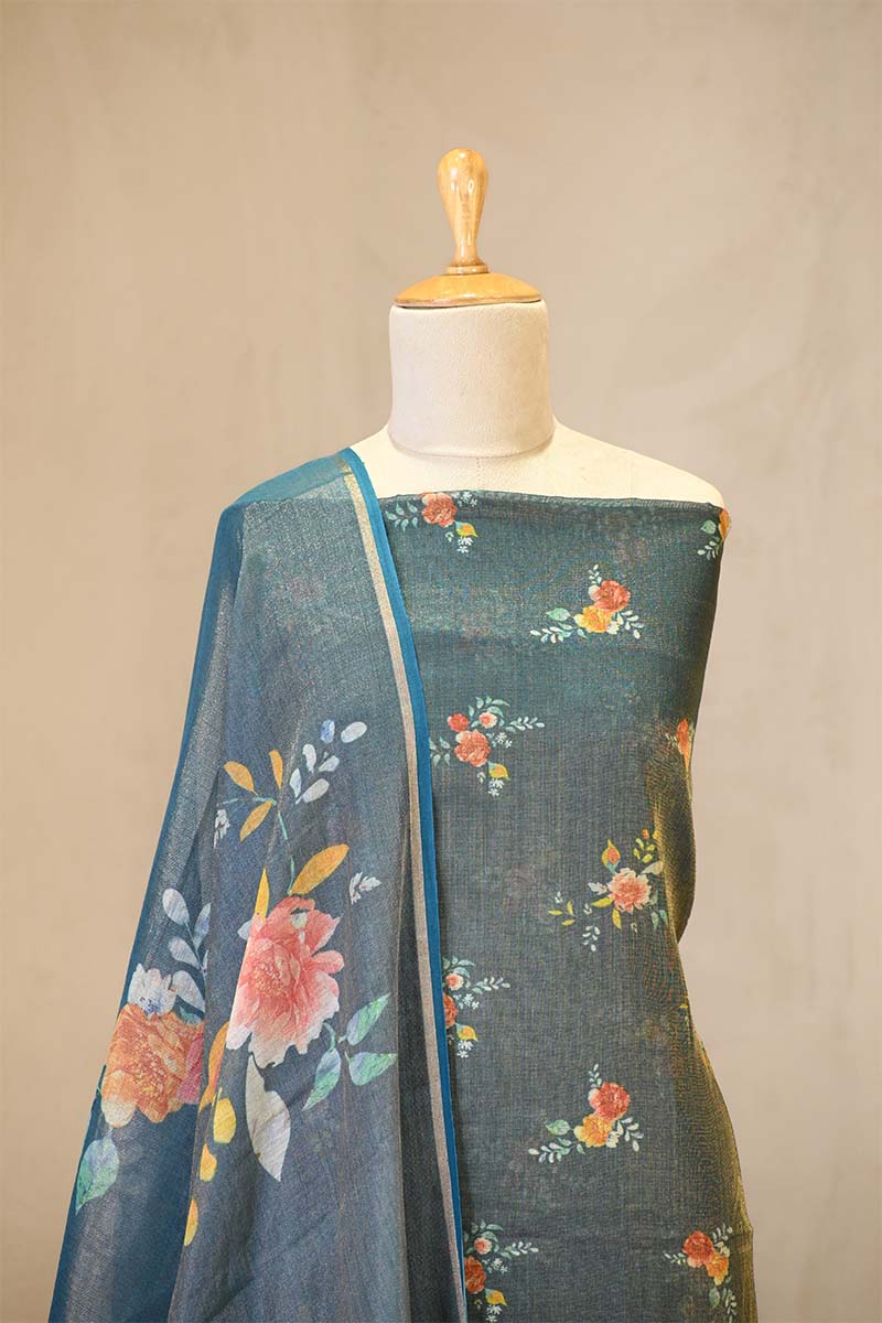 Steel Blue Tissue Unstitched Salwar Suit Set with Digital Floral Prints