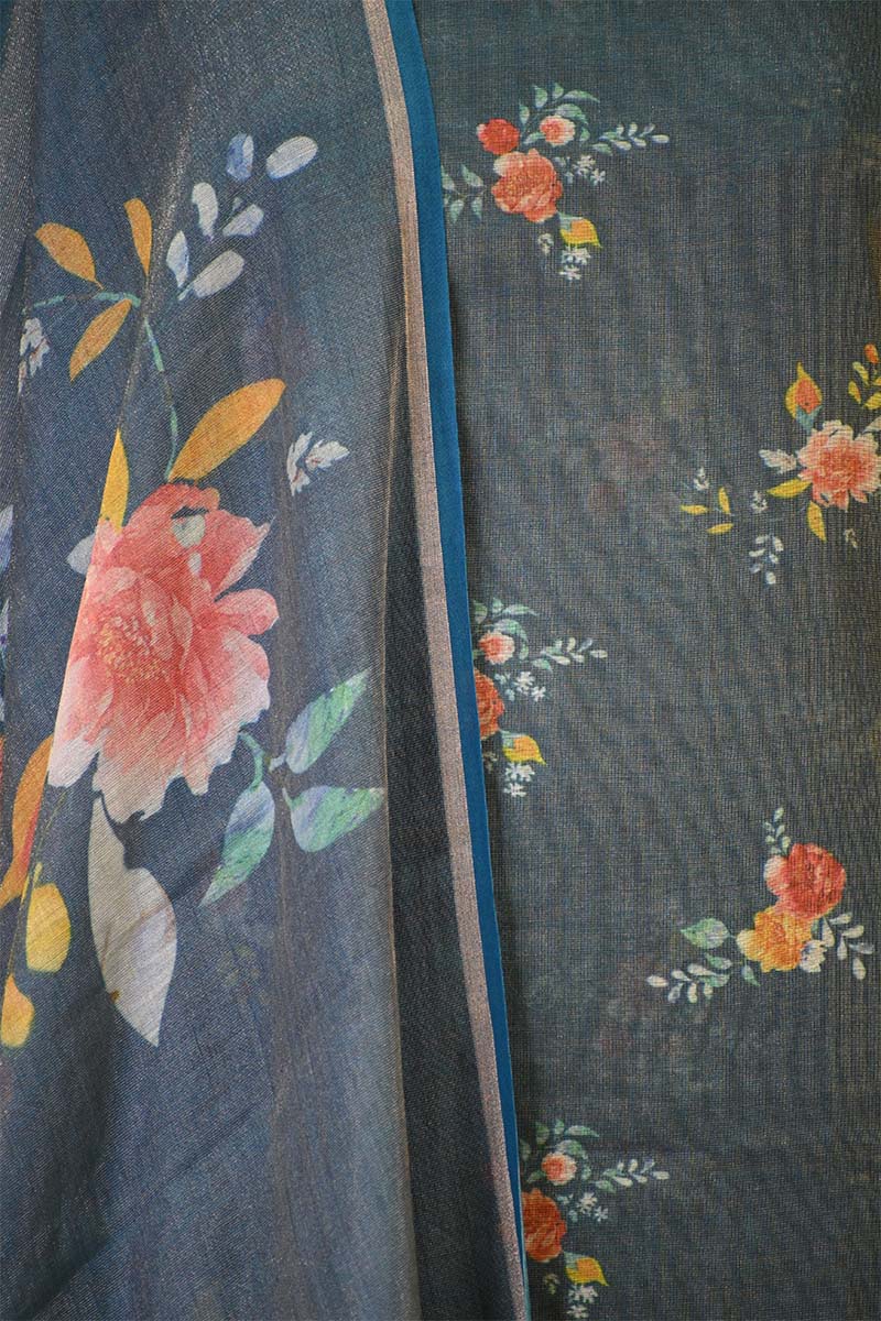 Steel Blue Tissue Unstitched Salwar Suit Set with Digital Floral Prints