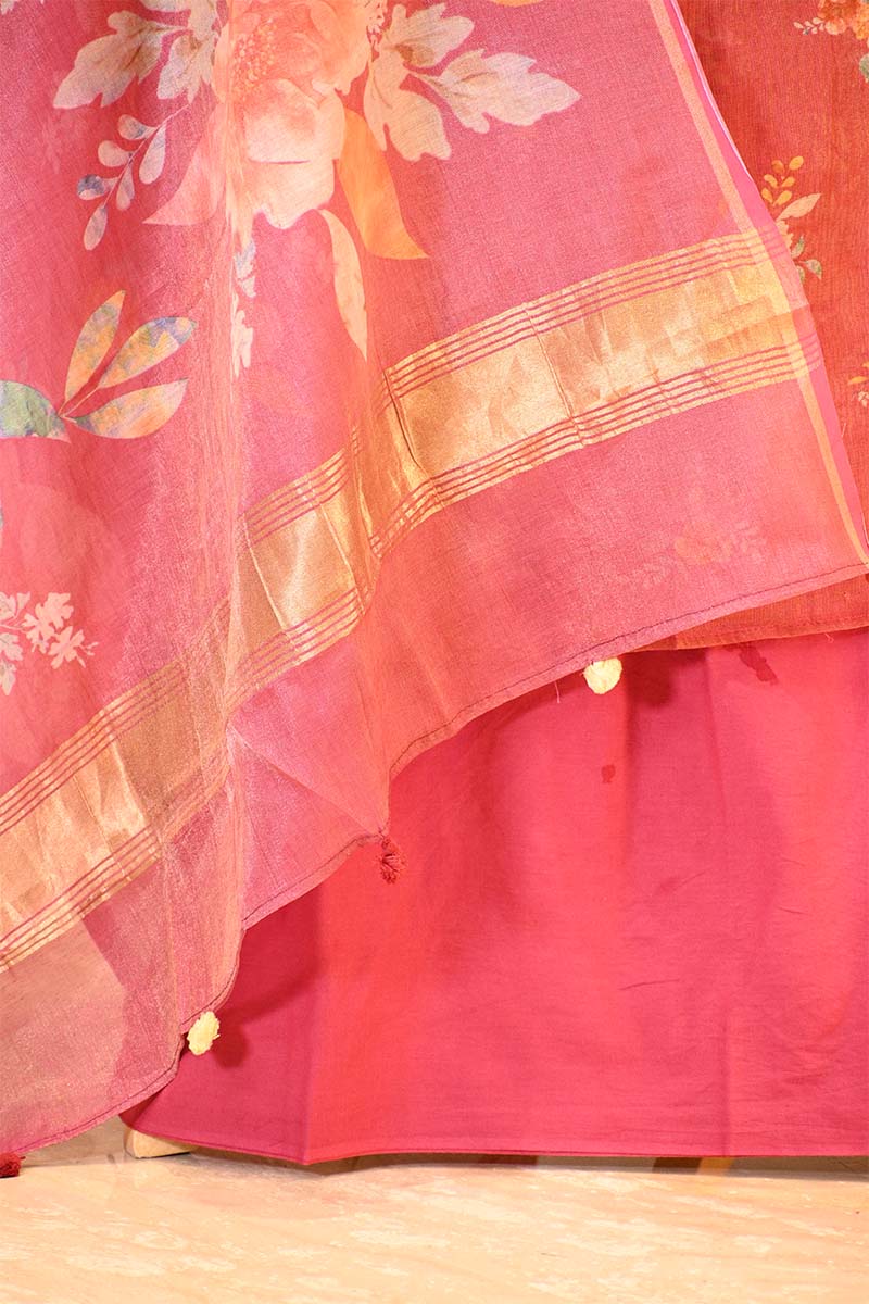 Pink Tissue Unstitched Salwar Suit Set with Digital Floral Prints